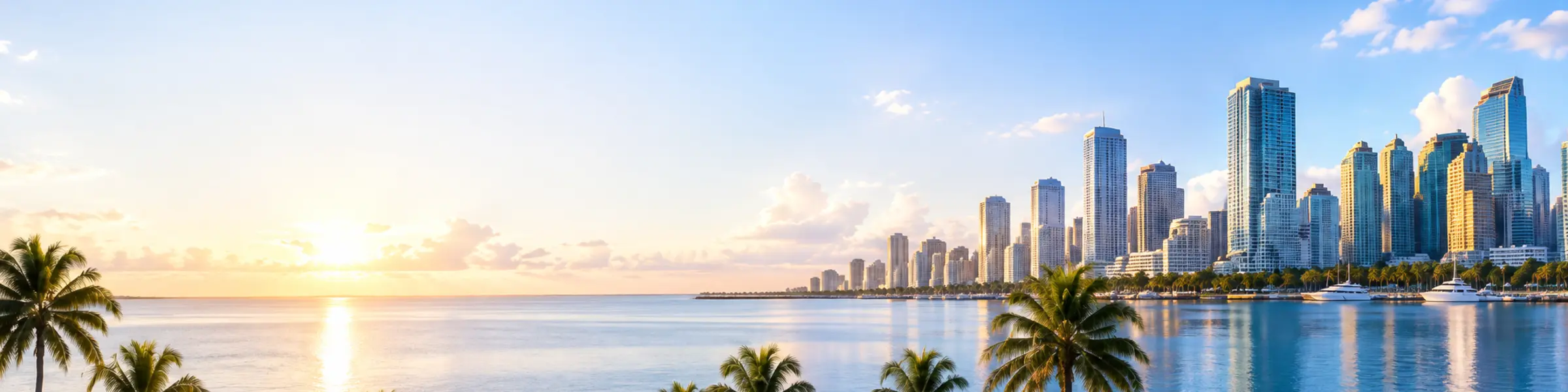 Miami waterfront skyline and palm trees